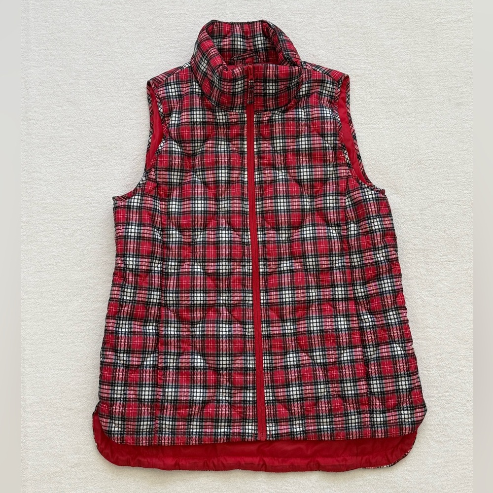 Lands’ End Red Tartan Plaid Puffer Vest Women’s Small Quilted Preppy Fall